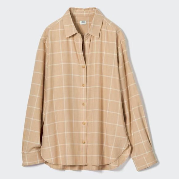 Uniqlo Tops - Uniqlo Soft Brushed Long Sleeve Shirt Plaid Checked Beige